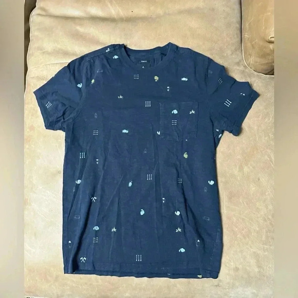 Prana Audi Crew Navy Blue Camping Pattern Men’s Slim Fit Medium Short Sleeve Tee - Picture 1 of 8